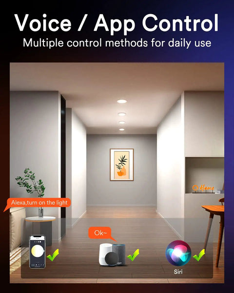 Smart 4 Inch Canless LED Recessed Light Kit in hallway with Wi-Fi Bluetooth control via Alexa, Siri, and app on phone display