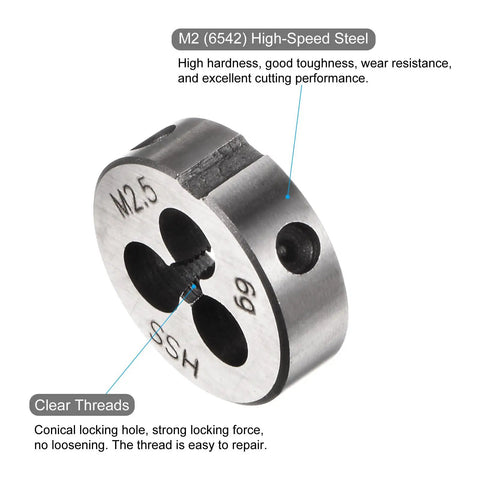 Premium M2.5 X 0.45 Right Hand Round Thread Die in HSS, detailed side view with markings and clear threads for cutting