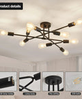 Black Semi Flush Mount Ceiling Light Fixture With 9 Lights displayed in a living room, close-up of E26 bulb and lamp body.