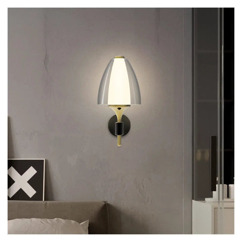 Straight Up Modern Led Wall Sconce With Soft Glowing Acrylic Shade lights up bedroom with elegant design.
