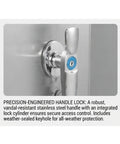 Built To Last 304 Stainless Steel Outdoor Electrical Enclosure Junction Box With Weatherproof Waterproof Construction, Rain Shield Roof, Tight Seal Gasket, Clear Window, Heavy Duty Housing, Tough As Nails For Industrial Or Home Outdoor Use; handle lock close-up
