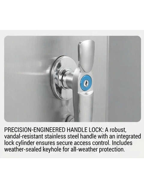 Built To Last 304 Stainless Steel Outdoor Electrical Enclosure Junction Box With Weatherproof Waterproof Construction, Rain Shield Roof, Tight Seal Gasket, Clear Window, Heavy Duty Housing, Tough As Nails For Industrial Or Home Outdoor Use; handle lock close-up