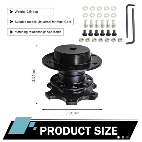 Built Tight Quick Swap Steering Wheel Adapter And Six Hole Hub Boss Kit For Drag Strip Runs and Autocross Days In Gloss Black Aluminum, 3.54 inch size.