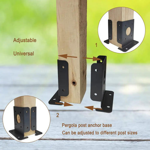 Heavy Duty Adjustable 4x4 Fence Post Anchor Base Brackets Kit For Decks Pergolas Railings Handrails And Mailboxes Floor Flange Mounts 8 Pack with installed view on 4x4 wooden post.