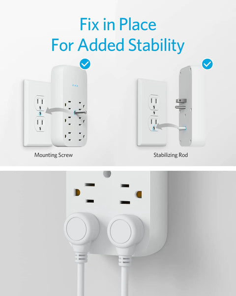 Mounting options for wall outlet extender with surge protection, showing stabilizing rod and screw installation.