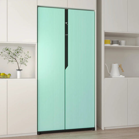 Thick Pastel Mint Metallic Peel And Stick Wallpaper With Brushed Matte Surface on a fridge in a modern kitchen.