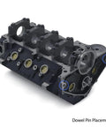 Bellhousing alignment dowel pin kit for Chevy SBC/BBC V8 engines; dark engine block with highlighted pin holes.