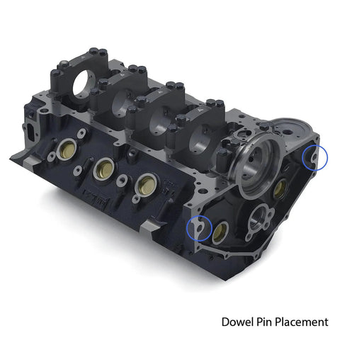 Bellhousing alignment dowel pin kit for Chevy SBC/BBC V8 engines; dark engine block with highlighted pin holes.