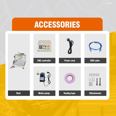 Round Rail 3 Axis Router 6040 Desktop Engraving Machine accessories including CNC controller, power cord, USB cable, and more.