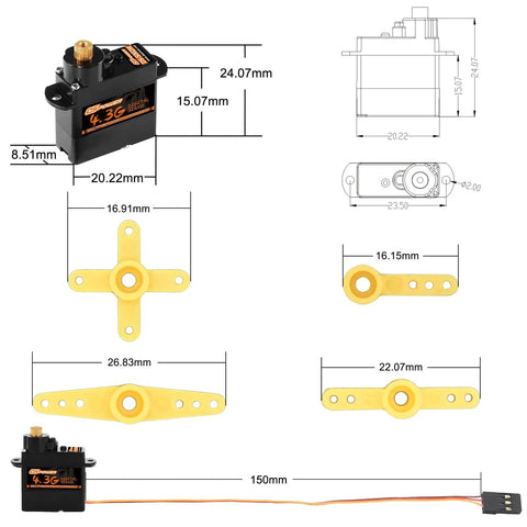 Technical diagram of 2 Pack 4.3G Mini RC Servo Digital Coreless Metal Gear for Fixed Wing Planes, Drones, and RC Cars.