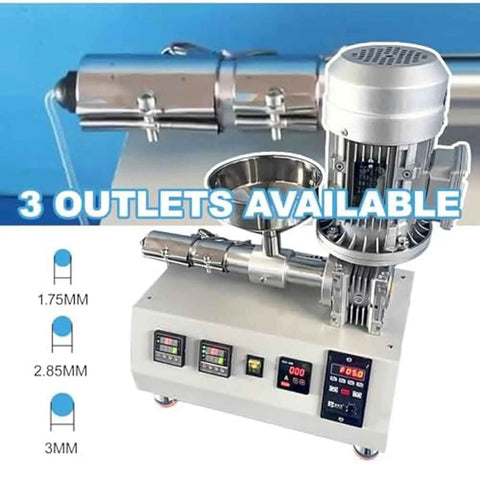 Desktop 3D printer extruder with three outlet sizes, ideal for turning waste into top notch filament using this desktop 3D printer extruder that crushes through 1000 grams per hour.