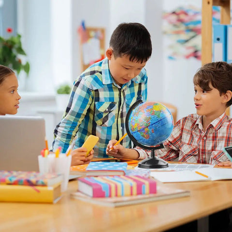 Children learning with Hands On 6 Inch World Globe For Kids With Stand Interactive 360 Degree Earth Globe For Classroom