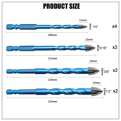 Blue BeQell masonry diamond drill bit set, 10 pcs with carbide tips and quick-change shanks; sizes 1/4"–1/2".