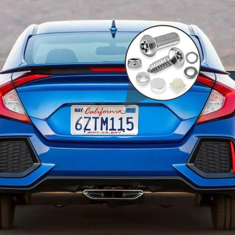 Lock Down Your Plates Tonight With These Helluva Sturdy Anti Theft License Plate Screws Kit, shown on a blue vehicle rear.
