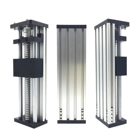Heavy Duty Nema 23 Stepper Driver With Slick Linear Rail Kit And Hella Smooth Ball Screw Slide Stage 50 To 300 MM Stroke side view of a linear slide with ball screw.