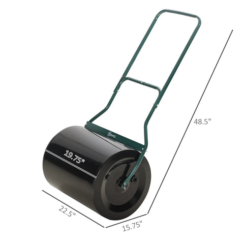 20 Inch Push And Tow Behind Lawn Roller With 16 Gallon Water Or Sand Fill Ideal For Flattening Sod And Smoothing Uneven Lawns In The Garden Heavy Duty Drum Roller For Tight And Open Spaces, side view showing handle and dimensions