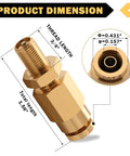 Side view of brass 1/4" inflation Schrader valve with push-to-connect for 1/4" OD air tubing.