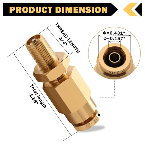 Side view of brass 1/4" inflation Schrader valve with push-to-connect for 1/4" OD air tubing.
