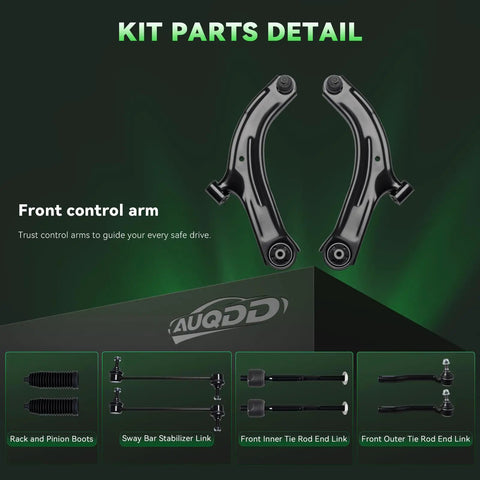 Beefed Up Front End Suspension Kit For 2007-2011 Nissan Versa And 2009-2014 Nissan Cube Includes 2 Lower Control Arms With Ball Joints 2 Outer Tie Rod Ends 2 Inner Tie Rod Ends And 2 Sway Bar Links displayed