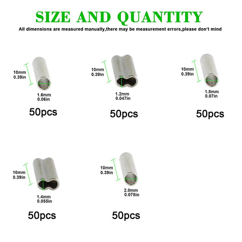 Pro Grade 250Pcs Wire Rope Crimp Sleeve Kit with single and double barrel copper ferrules, 5 size assortment displayed