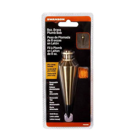 PB008B 8 Ounce Brass Plumb Bob With String Pro Grade Durable Brass Construction Lacquered Finish Removable Head