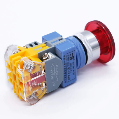 Heavy Duty 22mm LED Emergency Stop Push Button Switch with 1 NC 1 NO Contacts, 6 Terminals, Red Cap, 110-120V Indicator, Latching Panel Mount.
