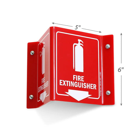 Fire Extinguisher Projecting Sign With Arrow, 6-Inch White On Red Polished Acrylic Sign For Hallways Corridors And Lobby