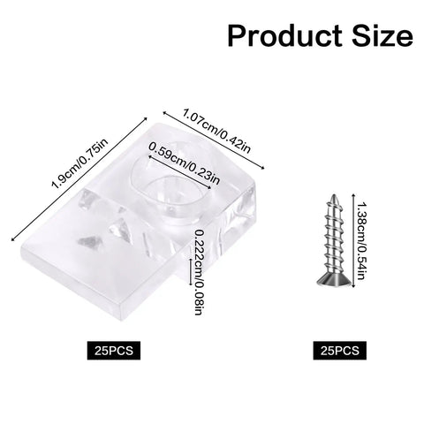 Heavy Duty Mirror Hangers With Screws Clear Plastic Wall Mount Clamps For Frameless Glass Panels showing dimensions and steel screw.
