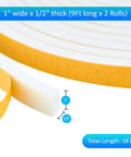 High Density Foam Weather Stripping And Self Adhesive Door Seal Roll Tough As Nails Draft Blocking Insulation Tape For Windows Doors And AC Durable Beefy Gasket Strip Keeps Chills Out Easy Peel Stick White One Inch Wide showing 1 inch wide and 1/2 inch thick foam roll.