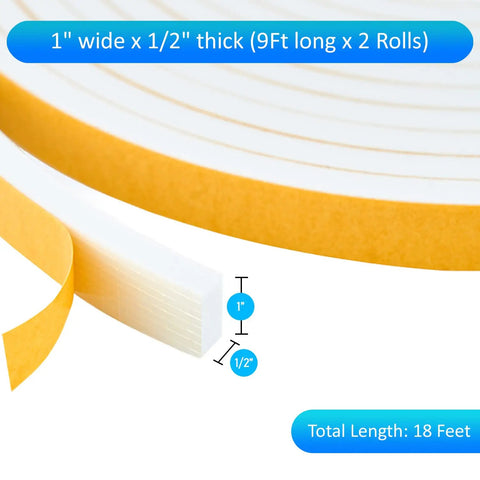 High Density Foam Weather Stripping And Self Adhesive Door Seal Roll Tough As Nails Draft Blocking Insulation Tape For Windows Doors And AC Durable Beefy Gasket Strip Keeps Chills Out Easy Peel Stick White One Inch Wide showing 1 inch wide and 1/2 inch thick foam roll.