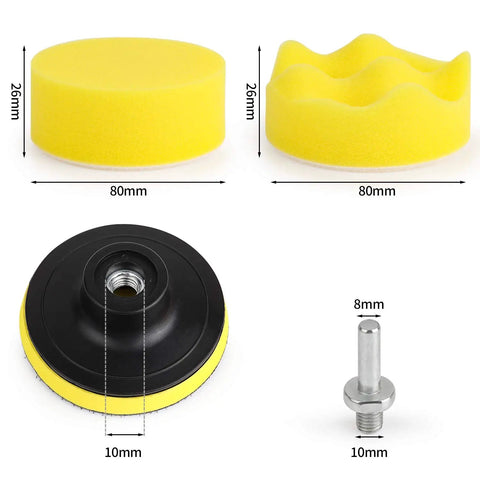 Pro Grade 3 Inch Drill Buffing Pad Kit With 11 Pieces Auto Detailing Foam Polishing Pads showing yellow sponge pads and drill adapter