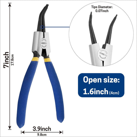 Heavy Duty 7 Inch External Snap Ring Pliers With 45 Degree Bent Jaw For Retaining Ring Removal And Installation CrV Steel Construction Pro Grade Circlip Tool For Machining And Maintenance, blue handles, side view