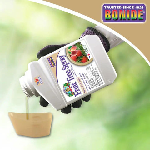 Hand pouring Fruit Tree Spray Concentrate For Organic Gardening Insect And Disease Control Protects Apple, Pear, Citrus And Nut Trees From Powdery Mildew, Blight, Black Spot, Mold And Other Fungal Attacks 16 oz Concentrate into a container