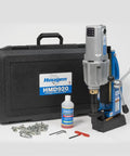 No Sweat Magnetic Drill Press Packing Three Speed Settings And Swivel Base 115V Motor with accessories in case.