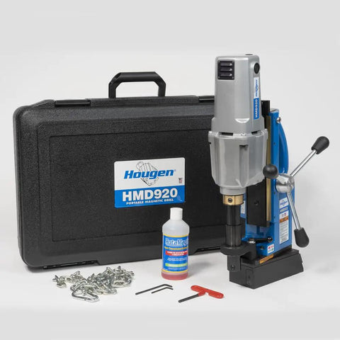 No Sweat Magnetic Drill Press Packing Three Speed Settings And Swivel Base 115V Motor with accessories in case.