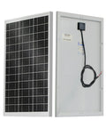 Front and back view of a 25W 18V monocrystalline solar panel waterproof for charging 12V batteries in RVs, boats, trailers, ATVs, and cars.