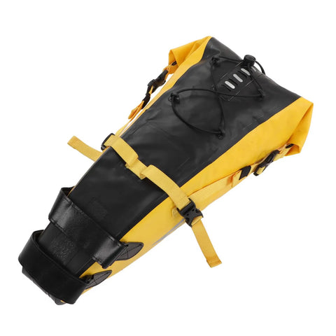 Durable 13L bikepacking bag for long rides with large capacity yellow and black exterior built to last buckles and waterproof material