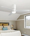 White Flush Mount Ceiling Fan With Lights Remote Control 46 Inch Low Profile Modern DC Motor in bedroom scene.