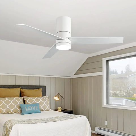 White Flush Mount Ceiling Fan With Lights Remote Control 46 Inch Low Profile Modern DC Motor in bedroom scene.