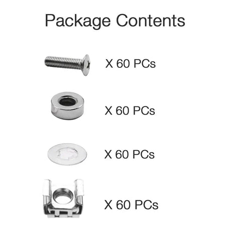 Badass 60 Pack M6 X 16mm Screws Square Cage Nuts Washers For Server Rack Cabinet Mounting showing components like screws, washers, and cage nuts.