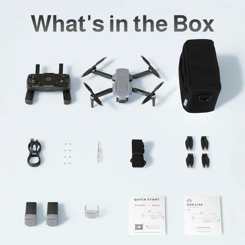 Dope 4K Camera Drone With GPS For Beginners And Pros box contents including drone, controller, batteries, and accessories.