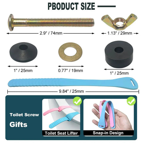 Seat Screws Replacement Kit for Top Mount Toilet Hinges showing bolt and accessories dimensions