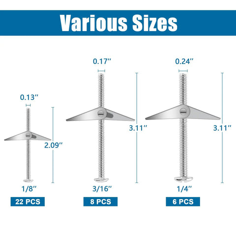 Diagram showing 34 Piece Butterfly Toggle Bolts Kit With 1/4 Inch Four Pack 3/16 Inch Eight Pack And 1/8 Inch Twenty Two Pack Zinc Plated Anchors