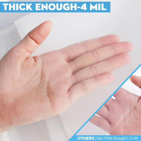 Hand holding Two Pack 4 Mil Plastic Drop Cloths 9 By 12 Feet Waterproof Heavy Duty Clear Tarp, thick 4 mil material shown