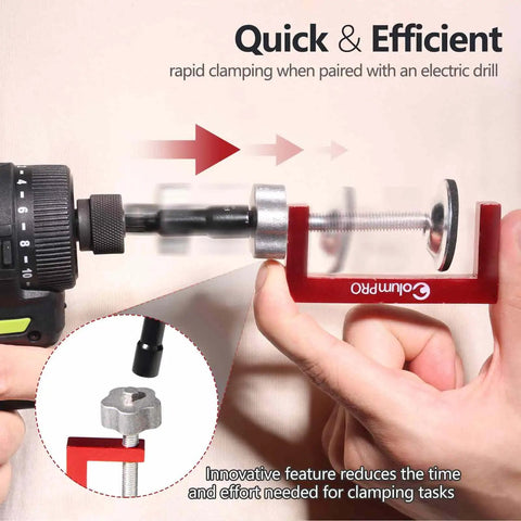 Two Pack Of Two Inch C Clamps Designed For Woodworking Welding And Construction With An Eight Millimeter Nut Drive in use with electric drill.