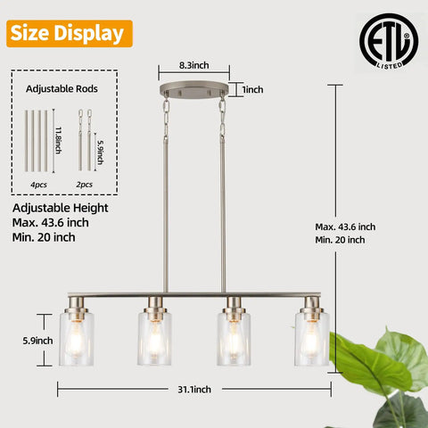 Four Light Chrome Kitchen Island Pendant Light Fixture With Clear Glass Shades size diagram and measurements.
