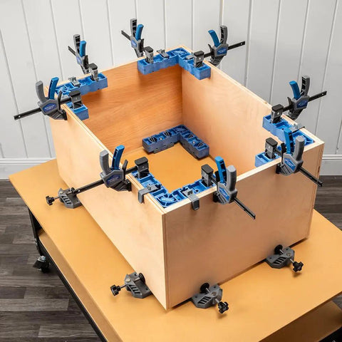 90 Degree Clamp It Assembly Square for Woodworking and Cabinet Installations in use on wood frame with clamps