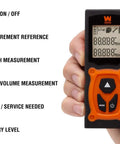 Compact Digital Laser Distance Meter With Backlit Screen For Real Time Distances, Area And Volume, 130 Foot Range, Switch Between SAE And Metric Units In Inches, Feet And Meters, Measure From Either Base Or Top. hand-held laser distance meter with backlit screen and mode buttons