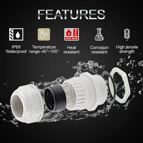 Five Pack NPT One Half Inch Cable Glands Waterproof And Adjustable For Cables And Wires From Six To Twelve Millimeter Grey Nylon Joints