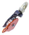 Omni-Block 2.0 orange swivel pulley for climbing and rigging systems, shown with aluminum sideplate and self-orienting swivel.